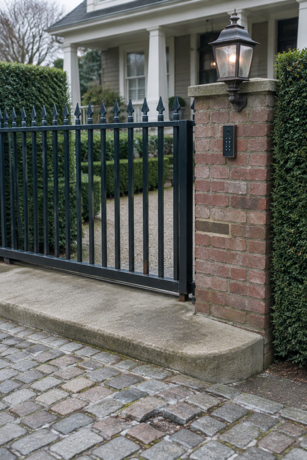 A black metal sliding driveway gate with vertical bars next to a brick pillar featuring a keypad and wall lantern, set against a house exterior with a cobblestone driveway.