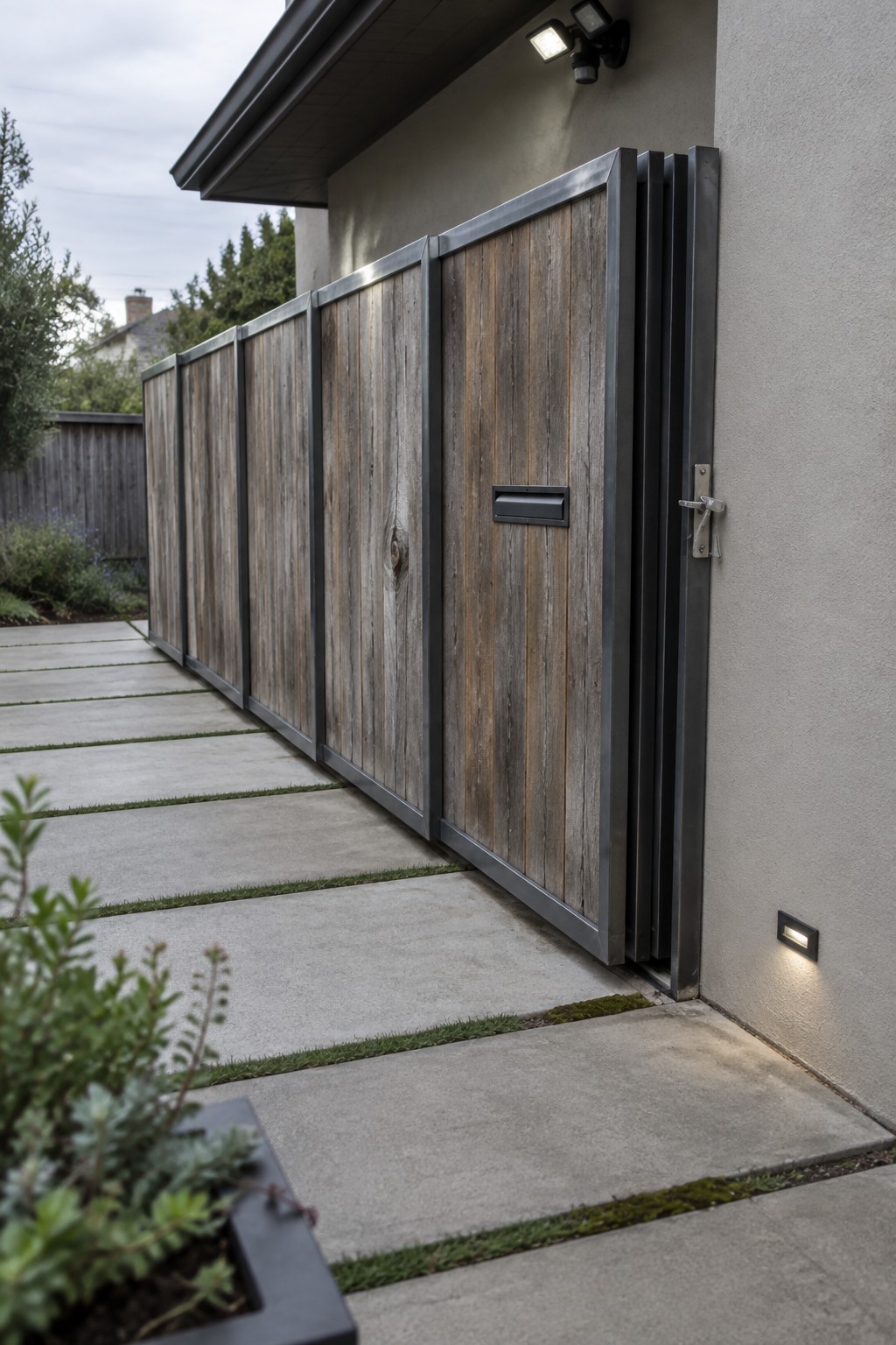 Modern wooden gate with metal frame along concrete path by house wall