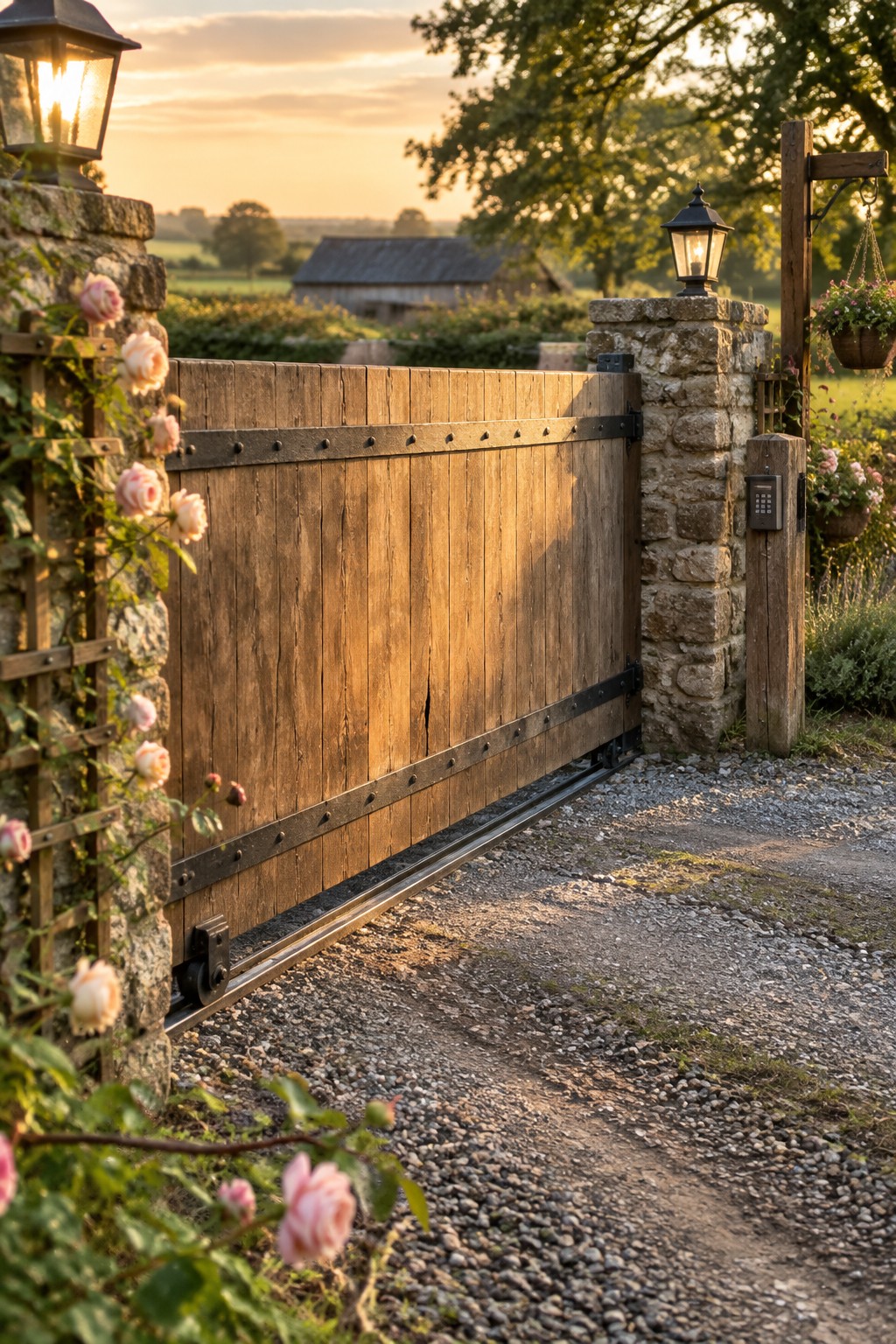 A wooden sliding driveway gate between stone pillars with climbing roses, lanterns, and a gravel path at sunset.
