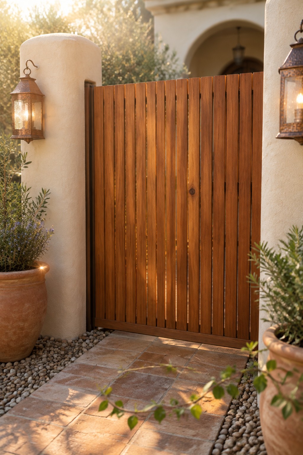 A wooden vertical slat sliding driveway gate between two stucco pillars, with terracotta pots and gravel beside a paved walkway.