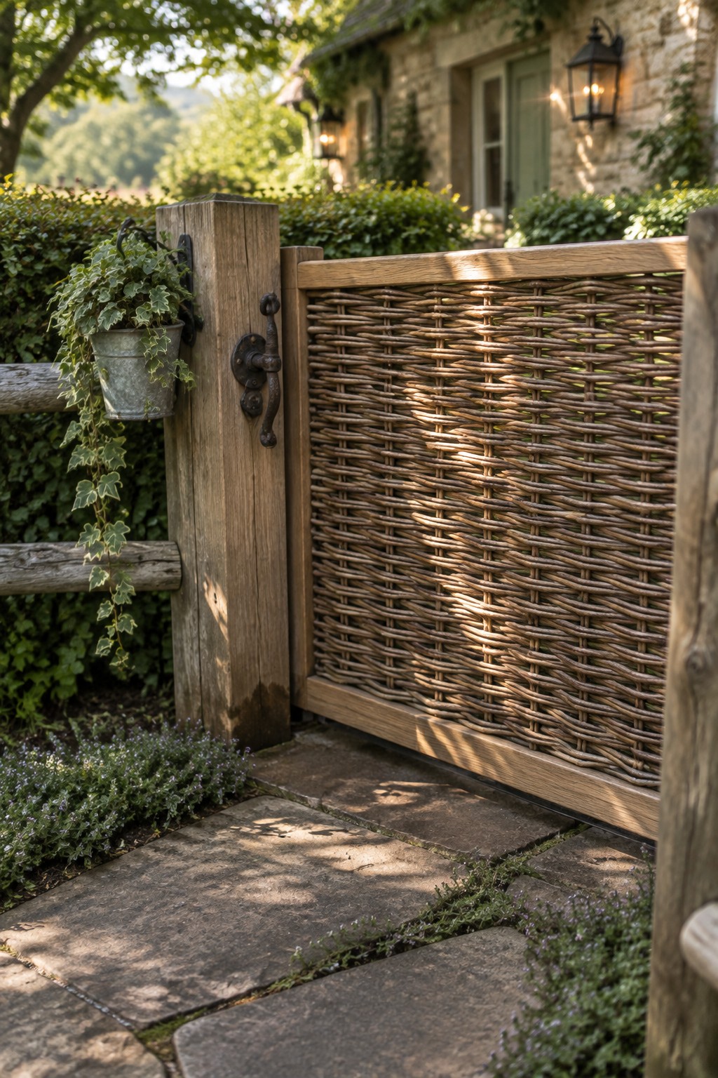 A wooden gate with woven wicker panels stands open beside a stone cottage, with a metal latch and potted ivy on the post.