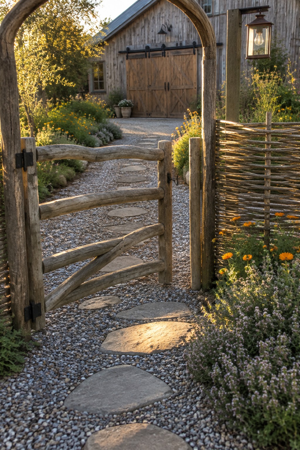 Rustic wooden gate opens to stone path and gravel leading to barn at sunset.