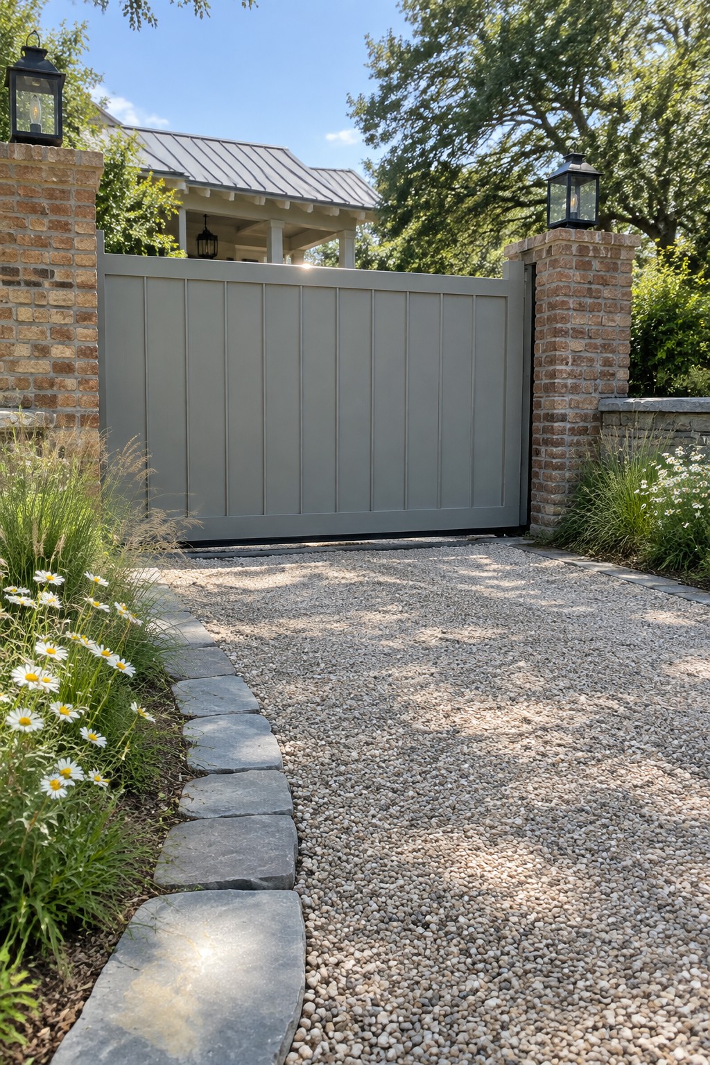 A gray vertical-board gate stands closed between two brick pillars with black lanterns, beside a gravel driveway edged with stone pavers and white flowers.