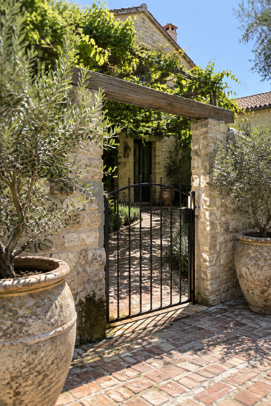 Stone gateway with open black gate, potted olive trees, vines on house