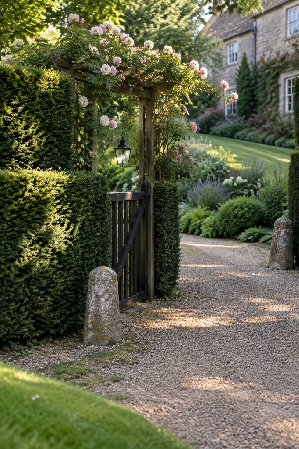 Wooden gate under rose-covered arbor beside gravel path and green hedges