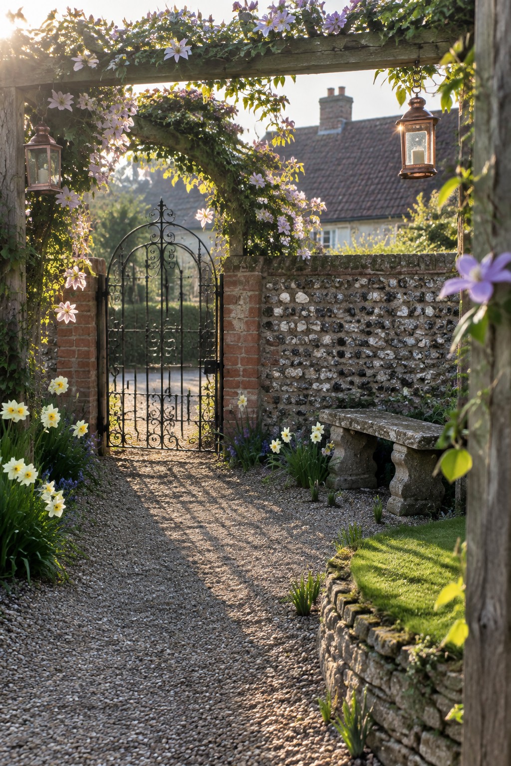 A gravel path leads to an ornate metal gate under a wooden arch covered in purple flowering vines, with lanterns on either side and a flint stone wall to the right.