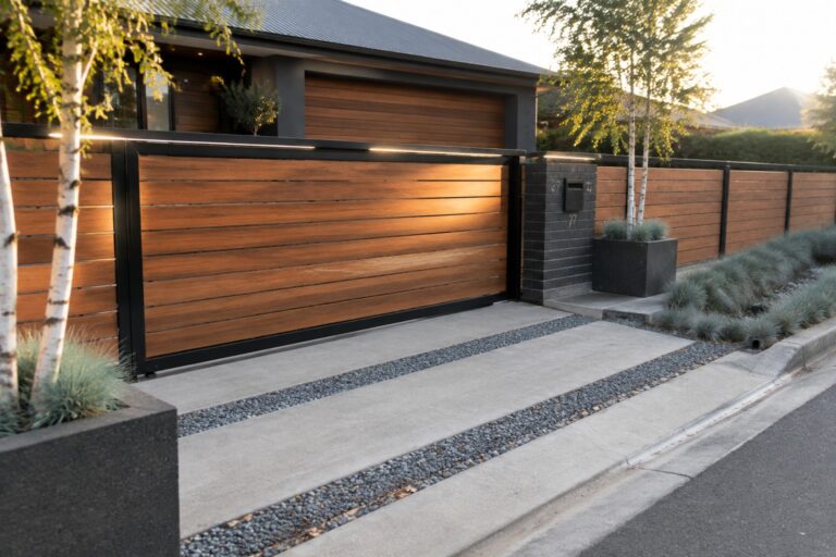 A modern wooden gate with horizontal slats and a black frame stands next to a dark brick pillar marked 12, with a matching wood fence extending along the concrete driveway.
