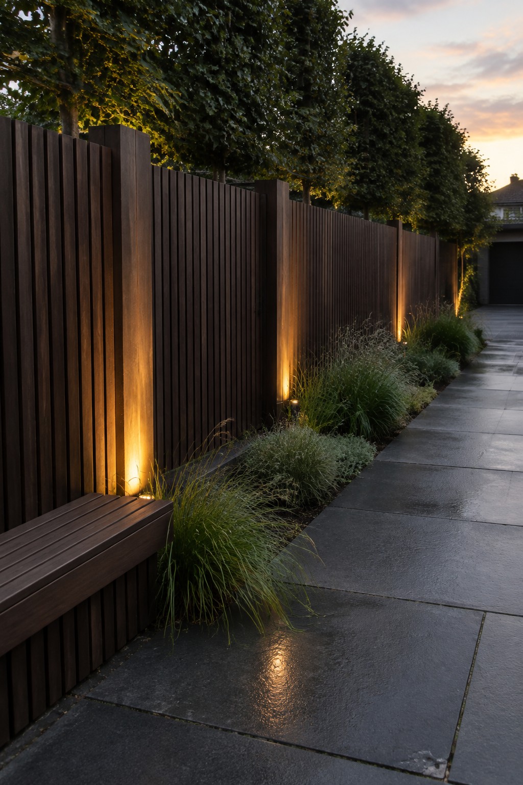 Modern wooden fence with bench, warm lights and grasses along wet stone path at dusk