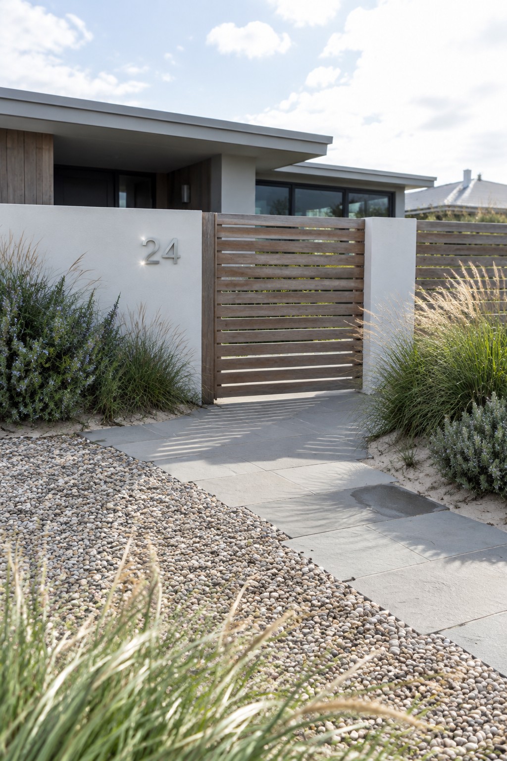 Modern house entrance showing a wooden horizontal slat gate between white walls, with gravel, stone pavers, and tall grasses along the driveway.