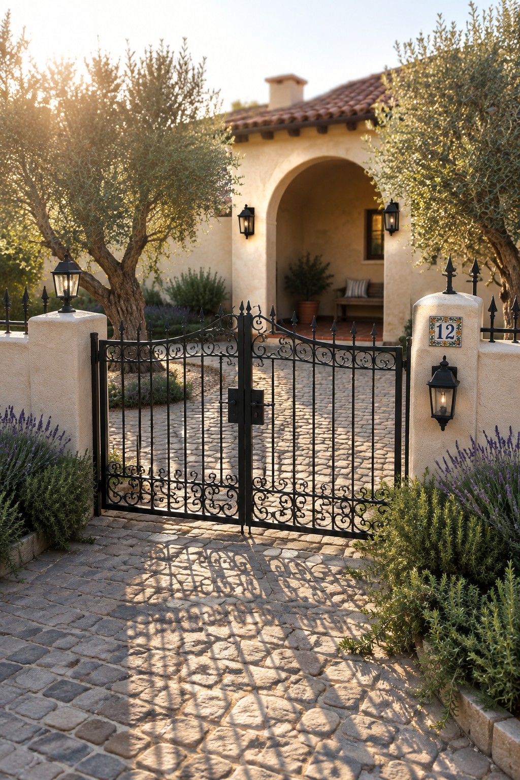 Open ornate black wrought iron gate on cobblestone path to arched villa entrance