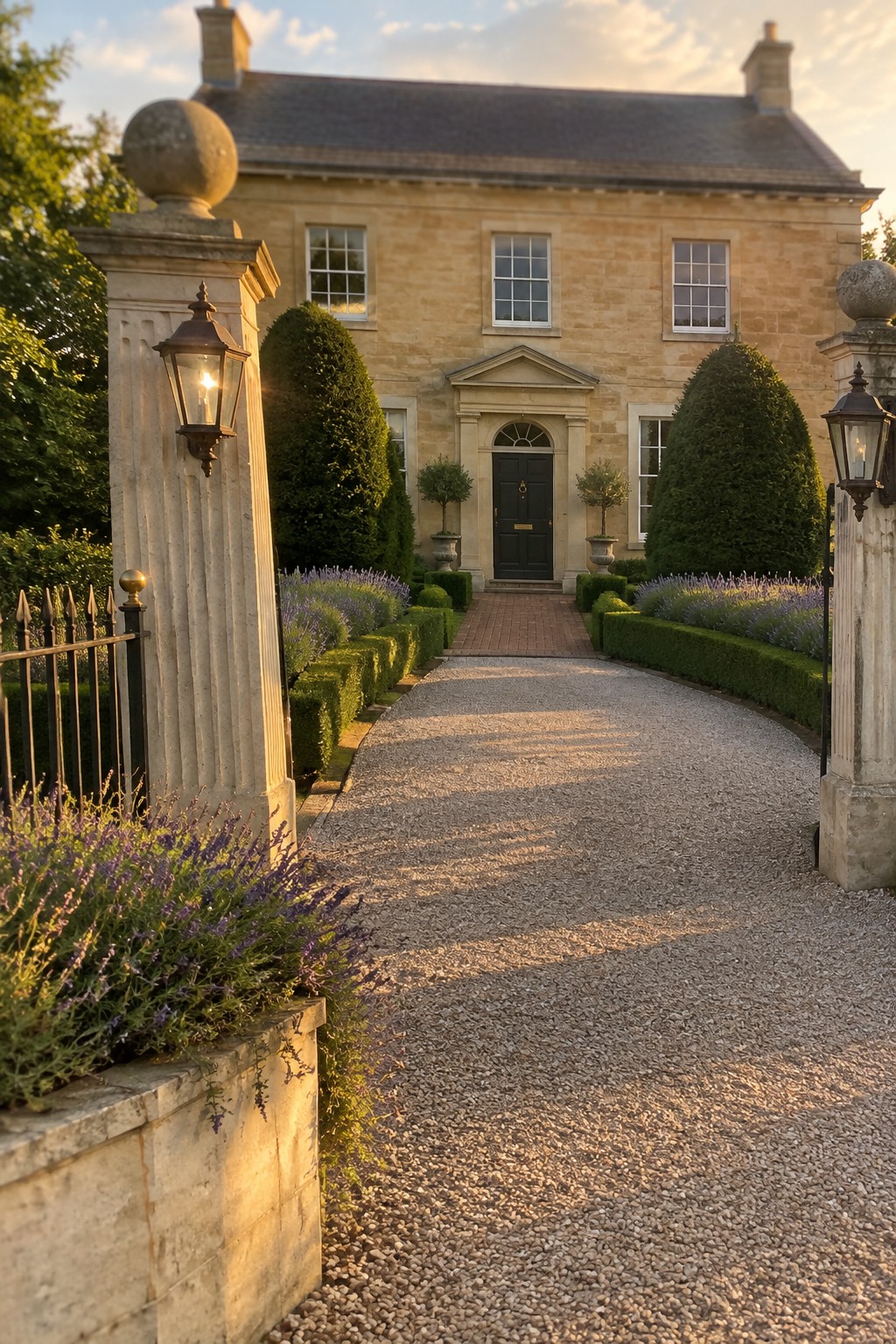 Gravel path curving to stone manor entrance with lanterns, hedges and lavender beds.