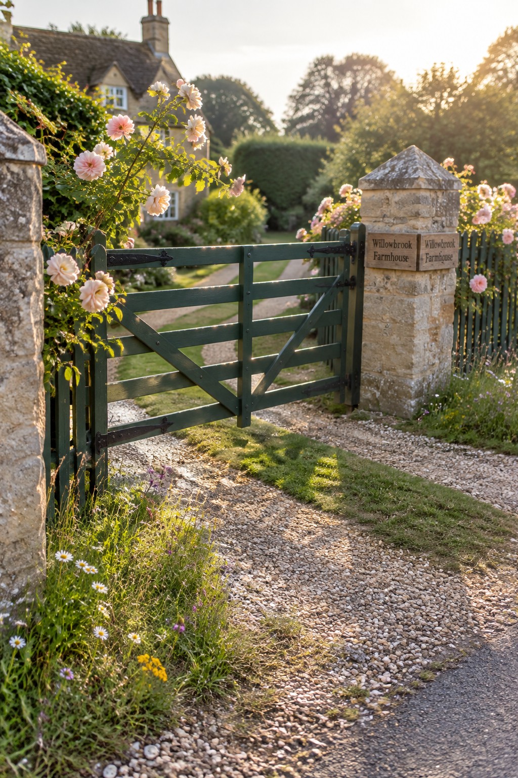 Open green gate with pink roses beside stone pillar sign at gravel path to cottage