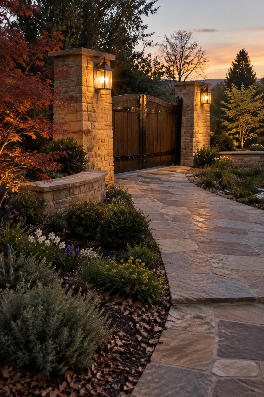 Stone path to wooden gate between lantern-lit pillars in garden at dusk