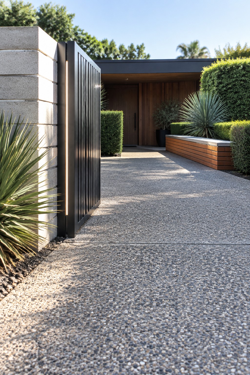 A black vertical slat gate stands slightly open beside a light stone pillar with a vertical light strip, next to a gravel driveway leading toward a modern house with wood siding and green landscaping.