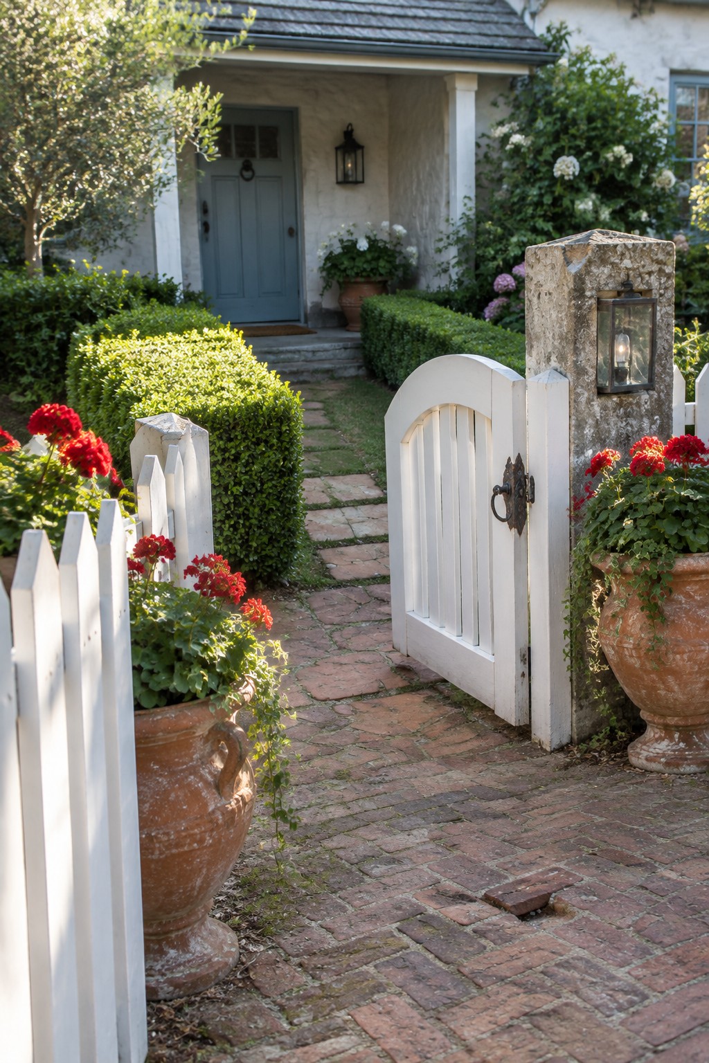 Open white gate on brick path between red flower pots and stone lanterns