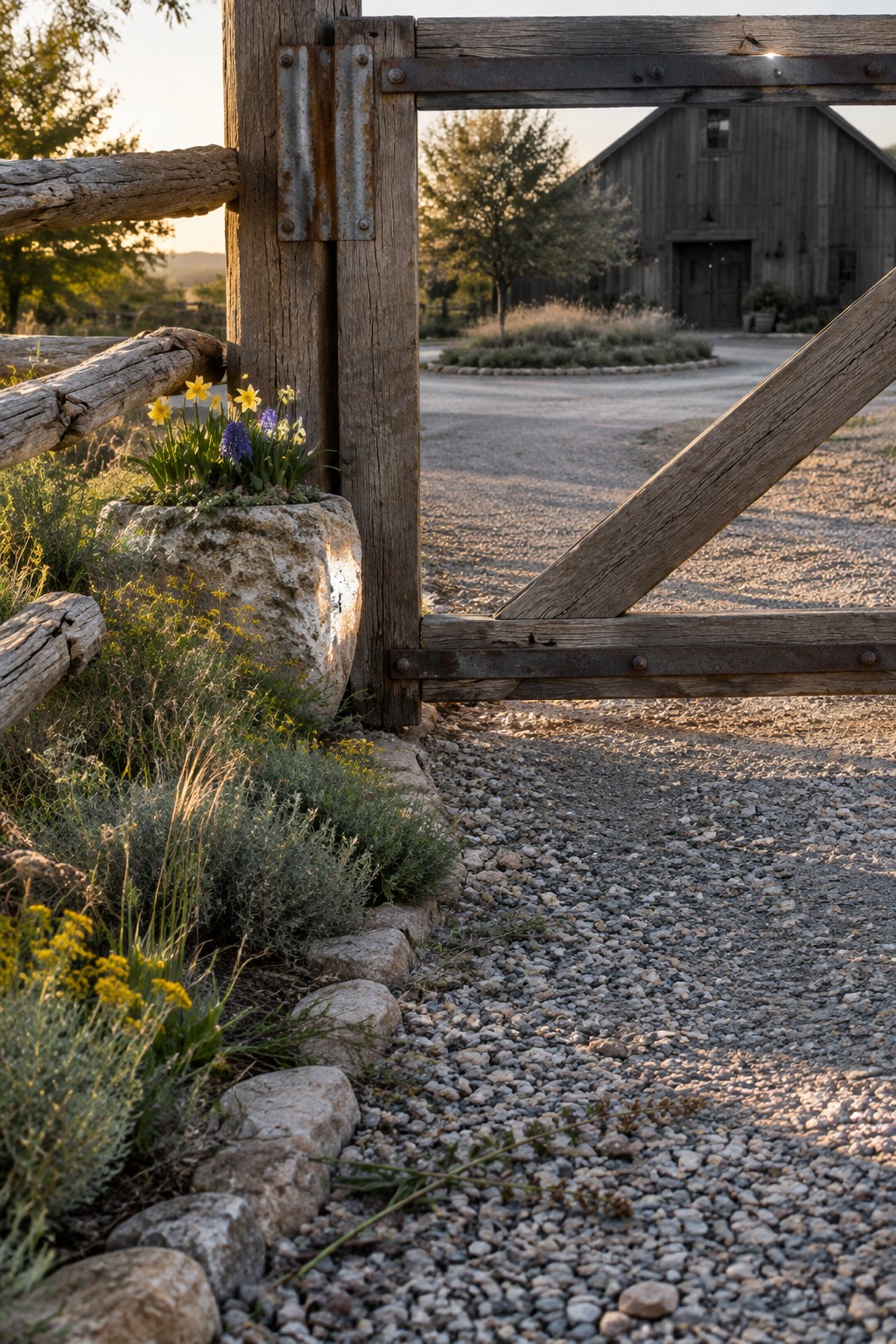 Rustic wooden gate with rusted hinges beside flower-filled stone planter on gravel path
