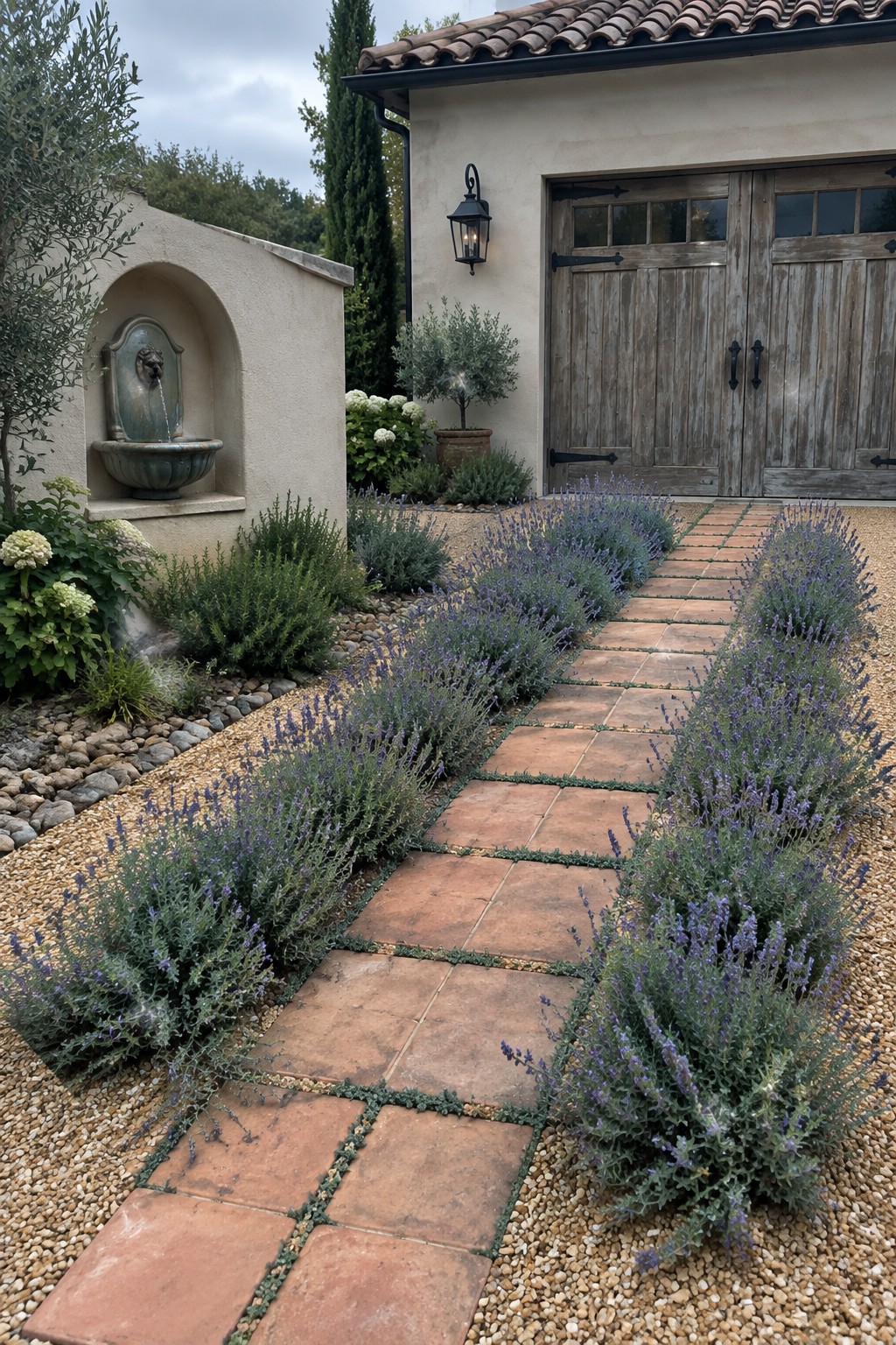 Terracotta path lined with lavender leads to wooden doors beside stone fountain.