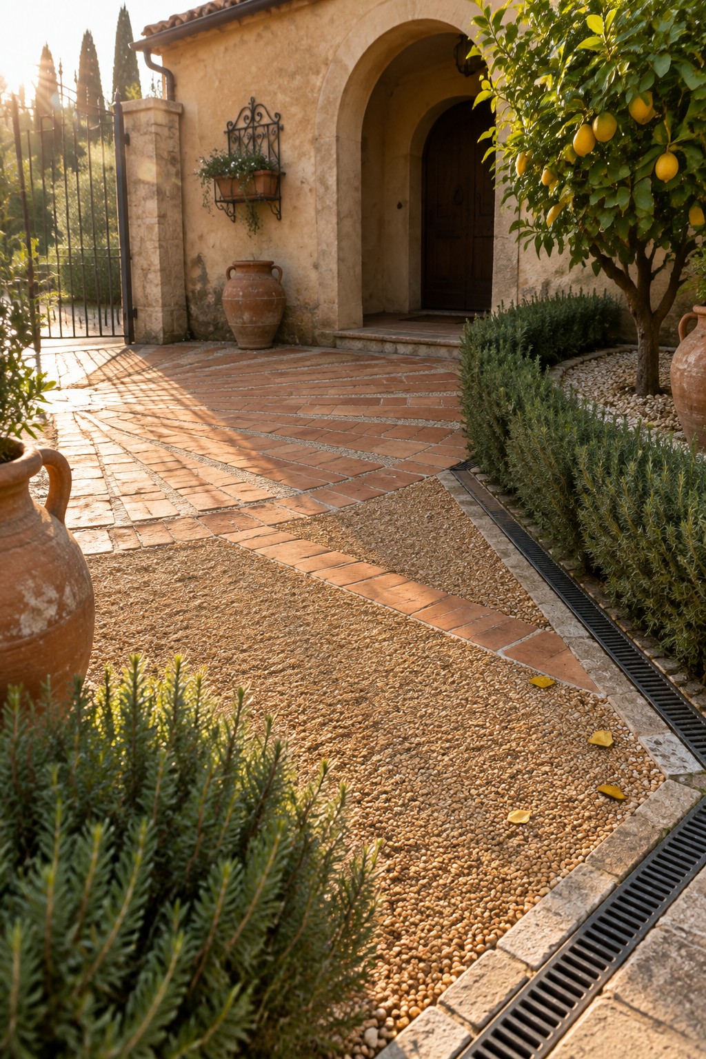 A curved brick driveway in a fan pattern next to gravel beds, with green shrubs, terracotta pots, and a lemon tree beside a stucco house entrance.