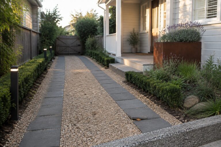 19 Creative Small Driveway Ideas Combining Gravel and Block Paving A narrow gravel path with rectangular gray pavers runs alongside a white house, bordered by green shrubs and a rusted metal planter with purple flowers.