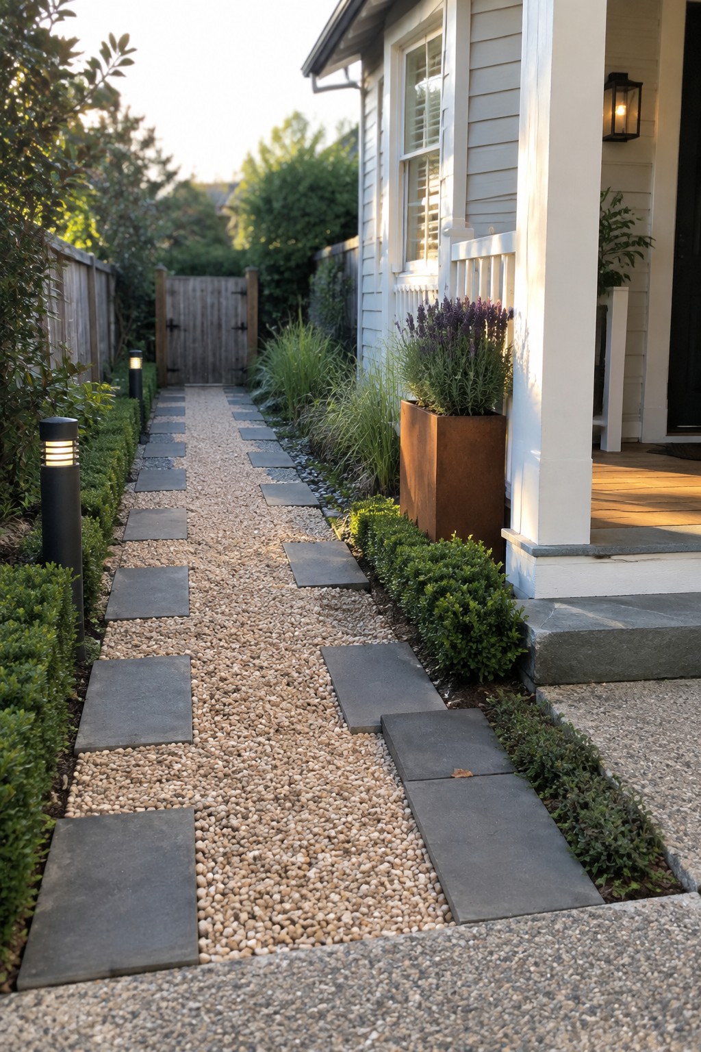 A narrow gravel path with rectangular gray pavers runs alongside a white house, bordered by green shrubs and a rusted metal planter with purple flowers.