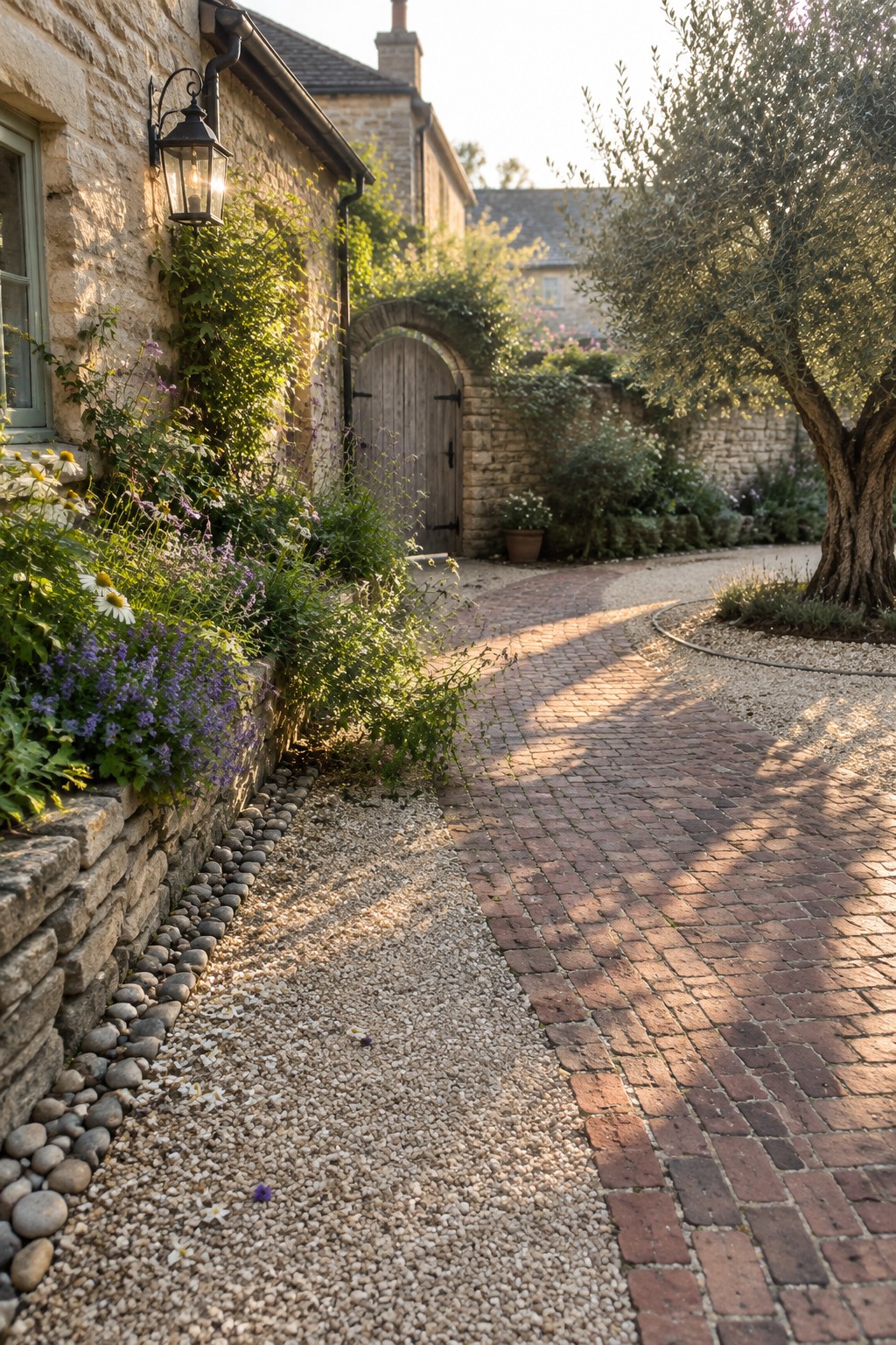 Sunlit stone cottage garden with flowers, olive tree, and curving brick path.