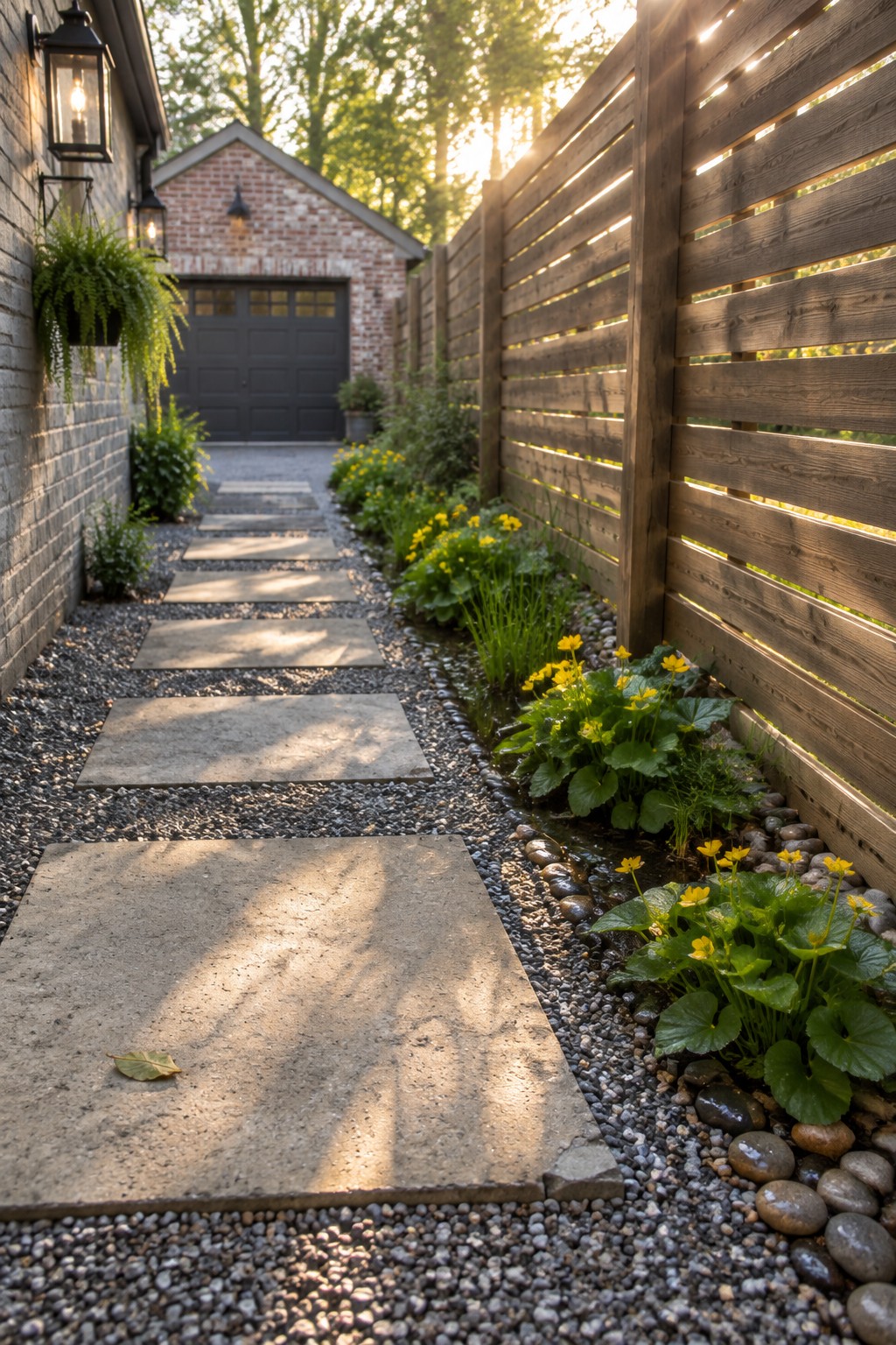 A narrow side path with large rectangular concrete pavers set in gravel, lined with yellow flowers and rocks next to a wooden fence, leading toward a brick building with a dark garage door.