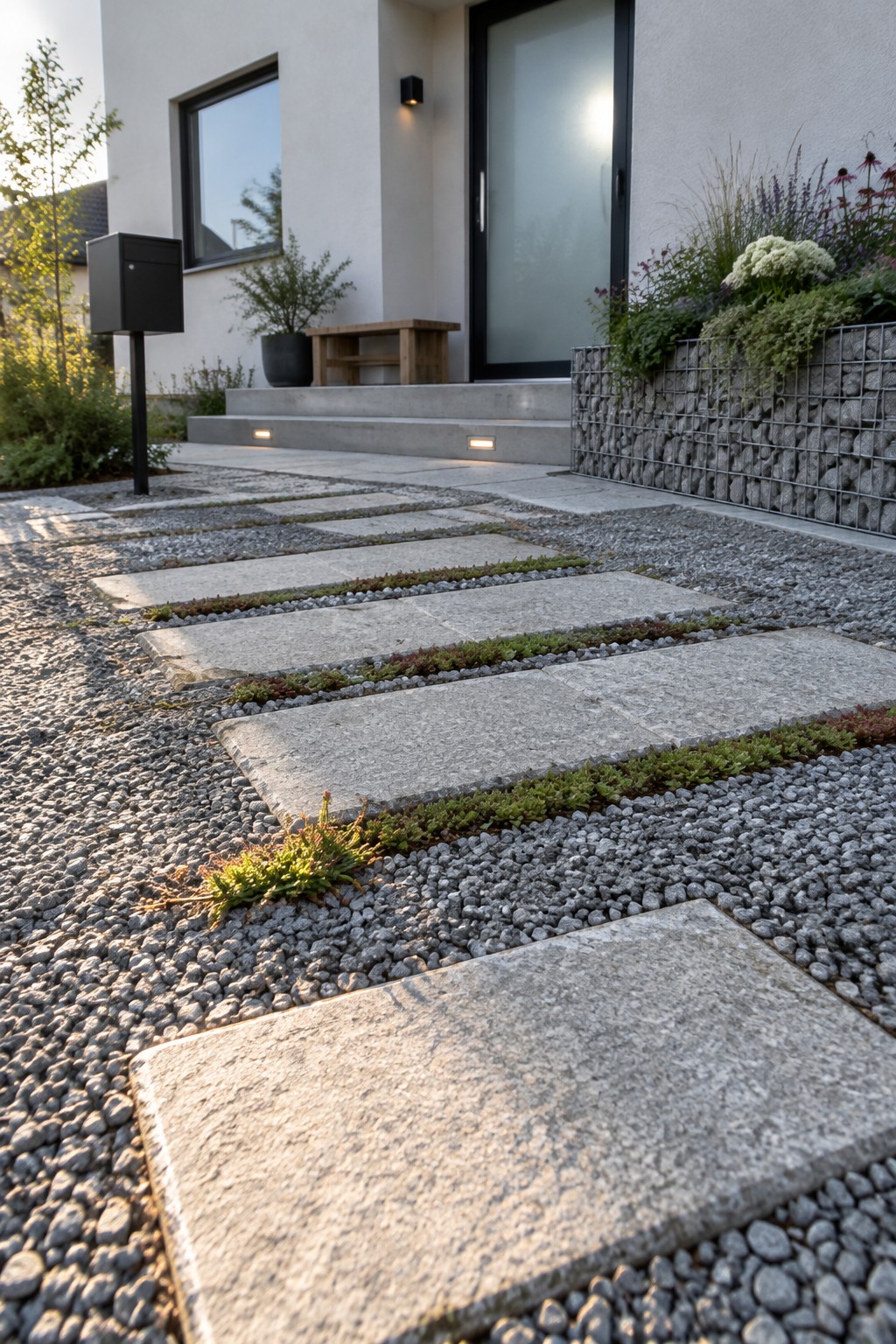 A modern house entrance with a path of large rectangular concrete pavers set in gravel, with small plants growing between the slabs and a gabion wall on the right.
