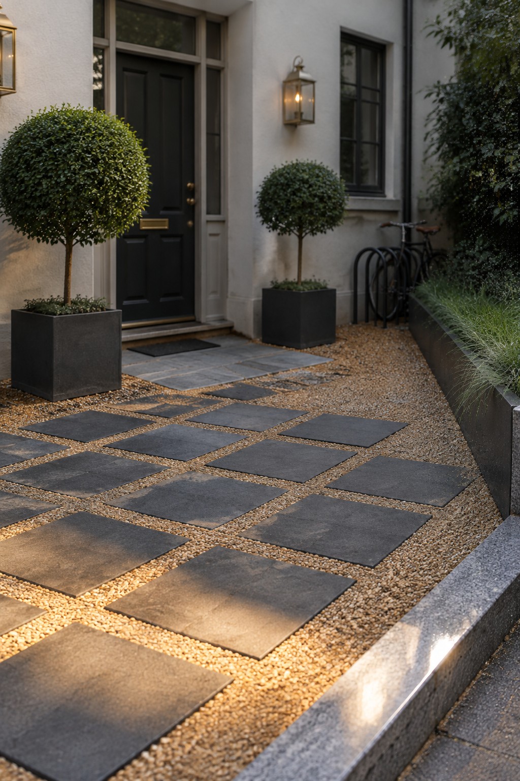 Gravel path of dark stone slabs leads to black door with topiary planters.