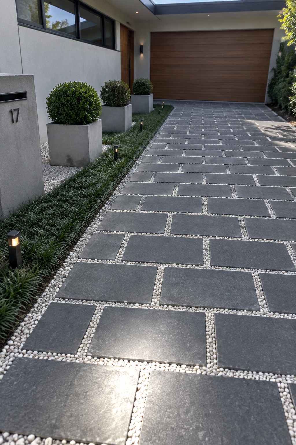 A modern house driveway made of large dark gray rectangular pavers with white gravel filling the spaces between them, bordered by low green plants and small lights.