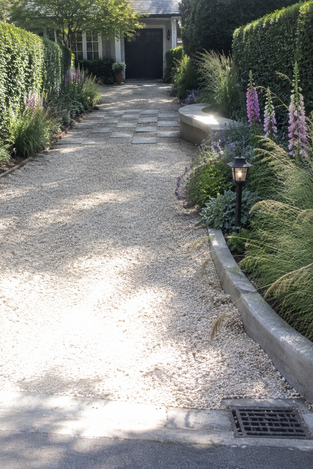 Gravel path with stone pavers bordered by hedges, flowers, and lit lantern to black door