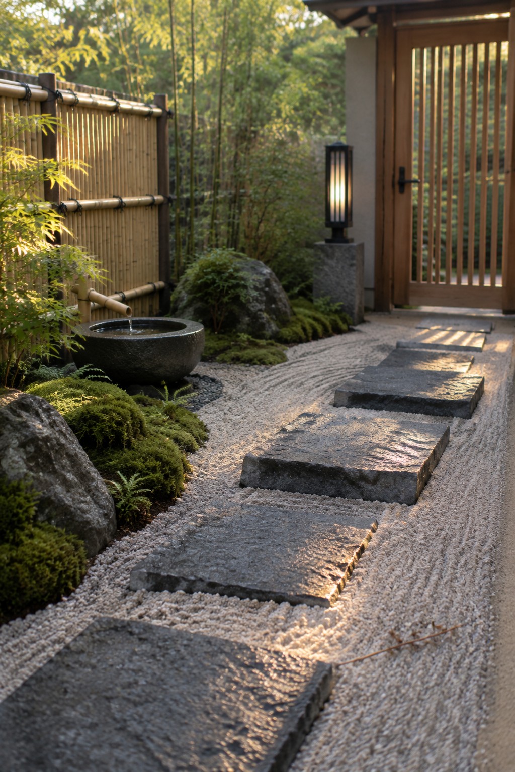 A garden path of large gray stone stepping stones set into raked light gravel, running beside a bamboo fence and stone water basin toward a wooden gate.