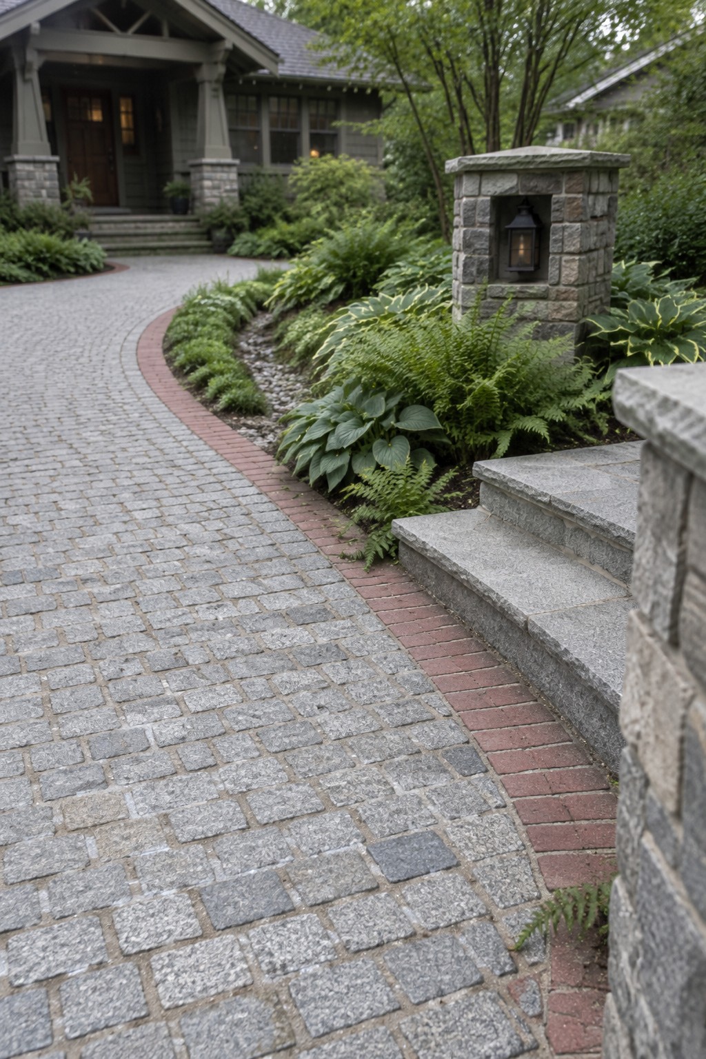 A curved gray cobblestone driveway with a red brick border curves past stone pillars and green planting beds.