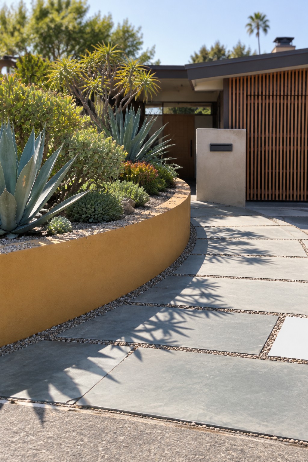 Modern home with curved yellow planter, succulents, stone pathway, and wooden accents.