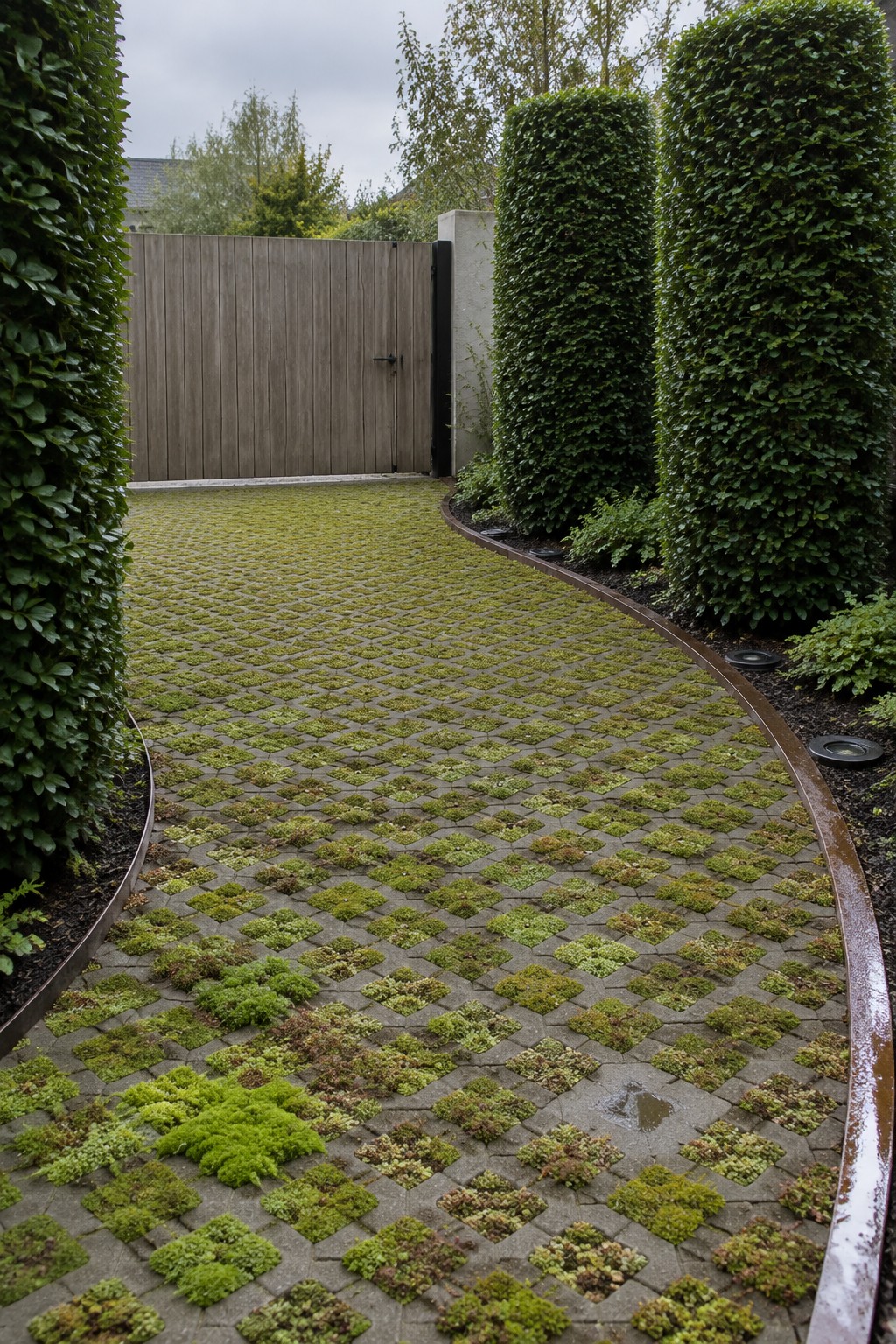 A curved driveway path made of square concrete pavers with low green plants growing in the gaps, lined by a thin metal border and tall hedges on both sides, leading toward a wooden gate.