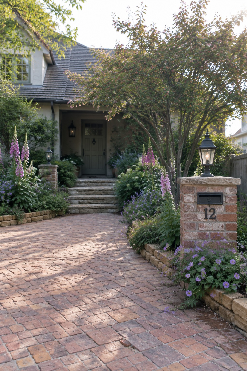 Brick path curves past flowers to house steps beside numbered brick pillar with lantern
