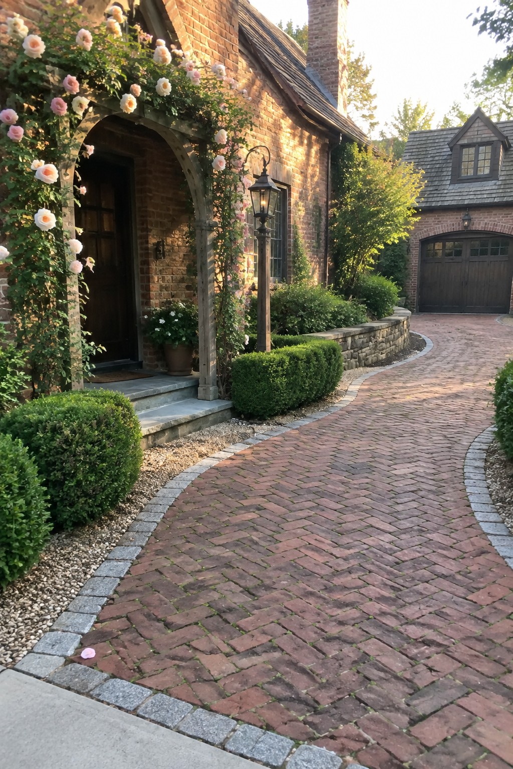 A curved red brick driveway bordered by gray stone edging leads past a brick house with a rose-covered entry arch and dark wood garage doors.