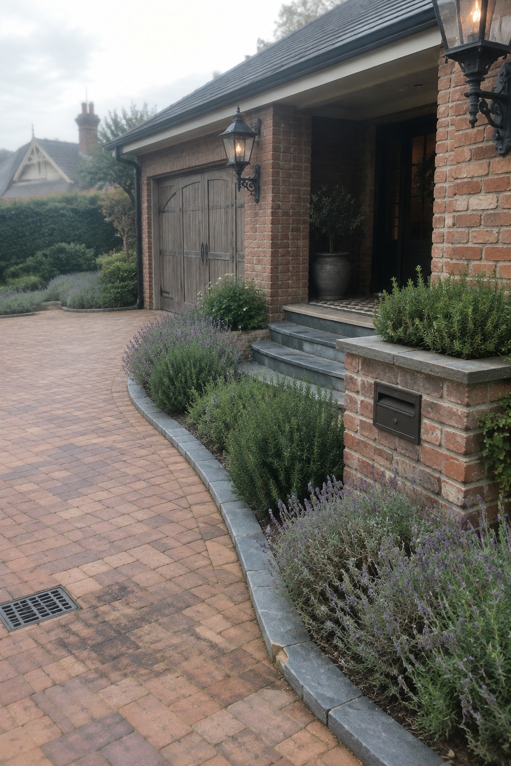 Curved brick driveway lined with lavender leads to brick house steps.