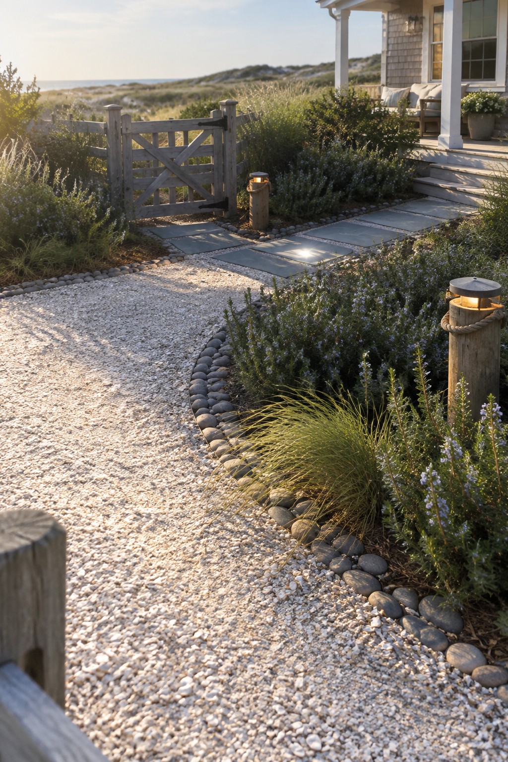 A curved gravel path bordered by rounded stones leads past a wooden gate and stone pavers toward a shingled house with a porch.