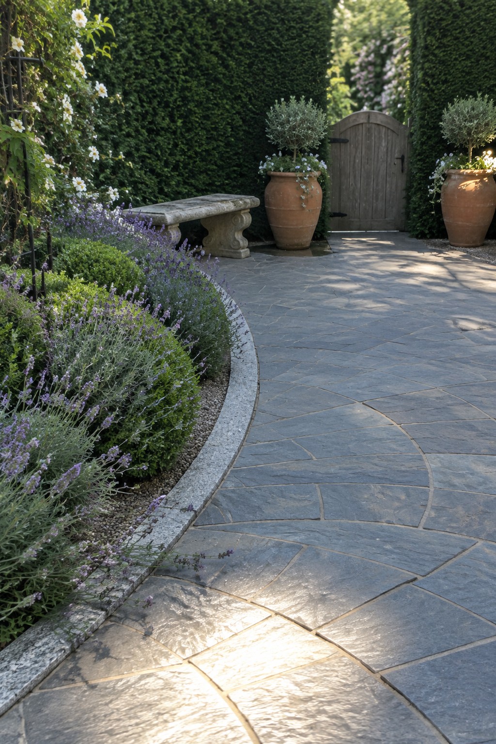A curved gray stone pathway with a low stone border runs beside lavender and green shrubs, leading toward a wooden gate flanked by two large terracotta pots.