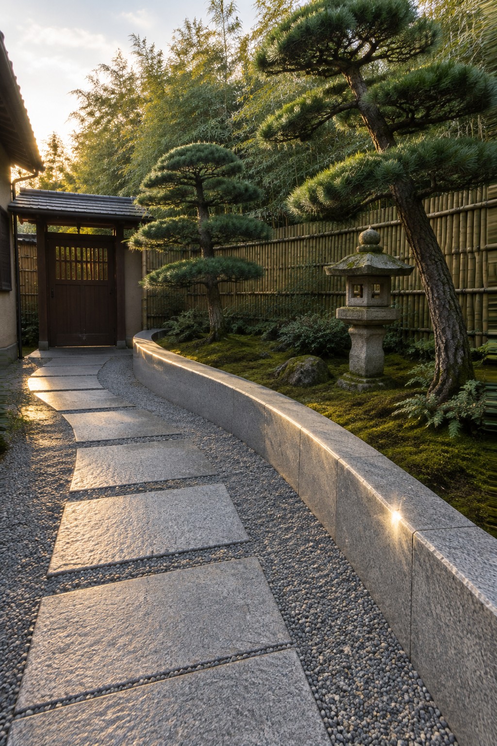 A curved stone pathway with a low concrete border runs beside gravel toward a wooden gate in a garden with pine trees and a stone lantern.
