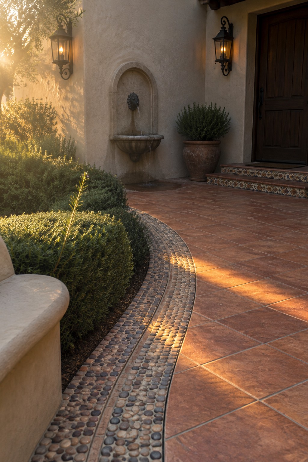 A curved terracotta tile driveway bordered by multicolored pebbles leads to a wooden door on a stucco house, with a wall fountain and potted shrub nearby.