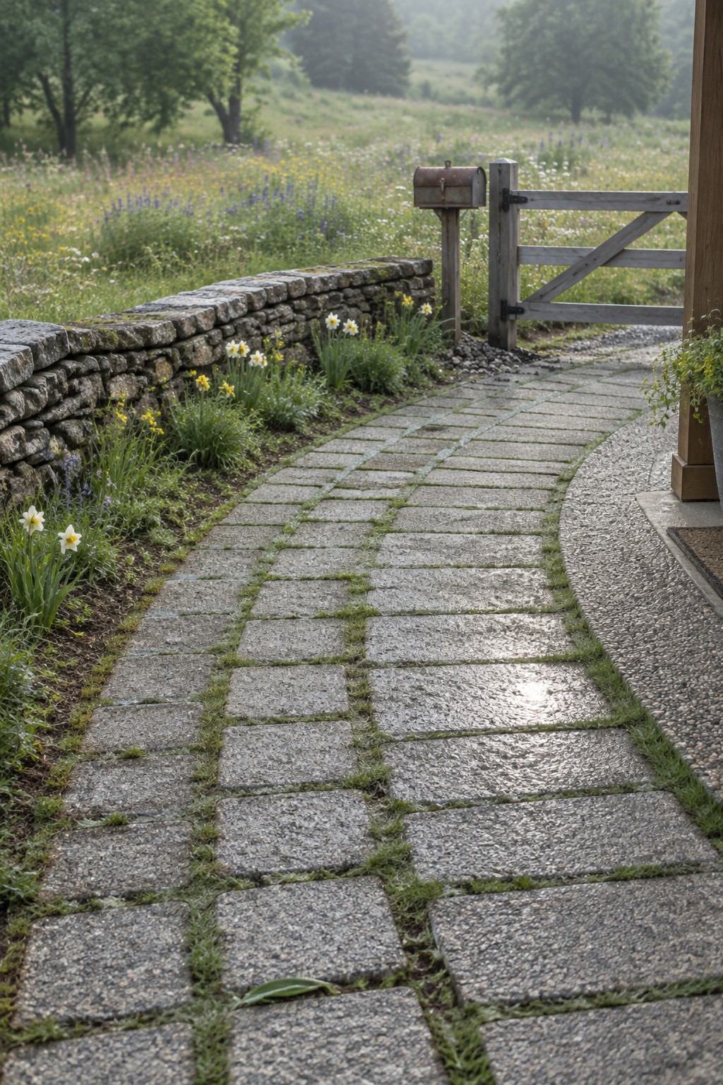 A curved path of rectangular gray stone pavers runs beside a low stone wall with flowers, past a wooden gate and mailbox toward a house entrance.