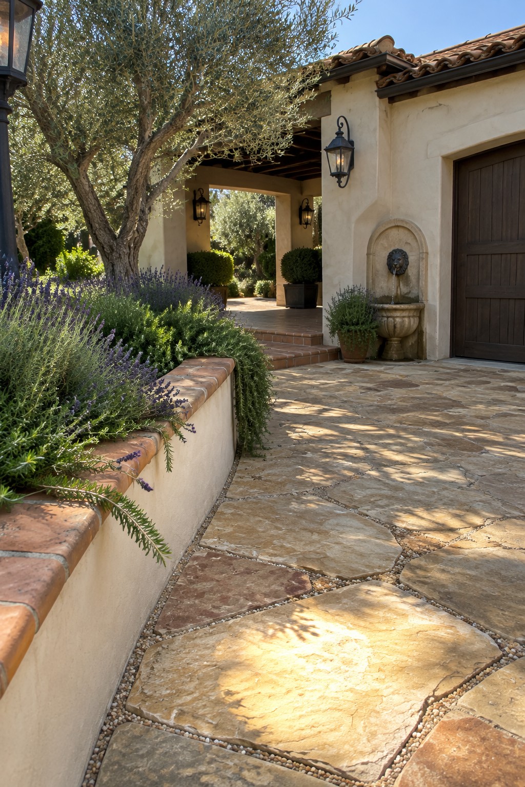 Sunny Mediterranean courtyard with stone path, lavender, lion fountain, and wooden door.