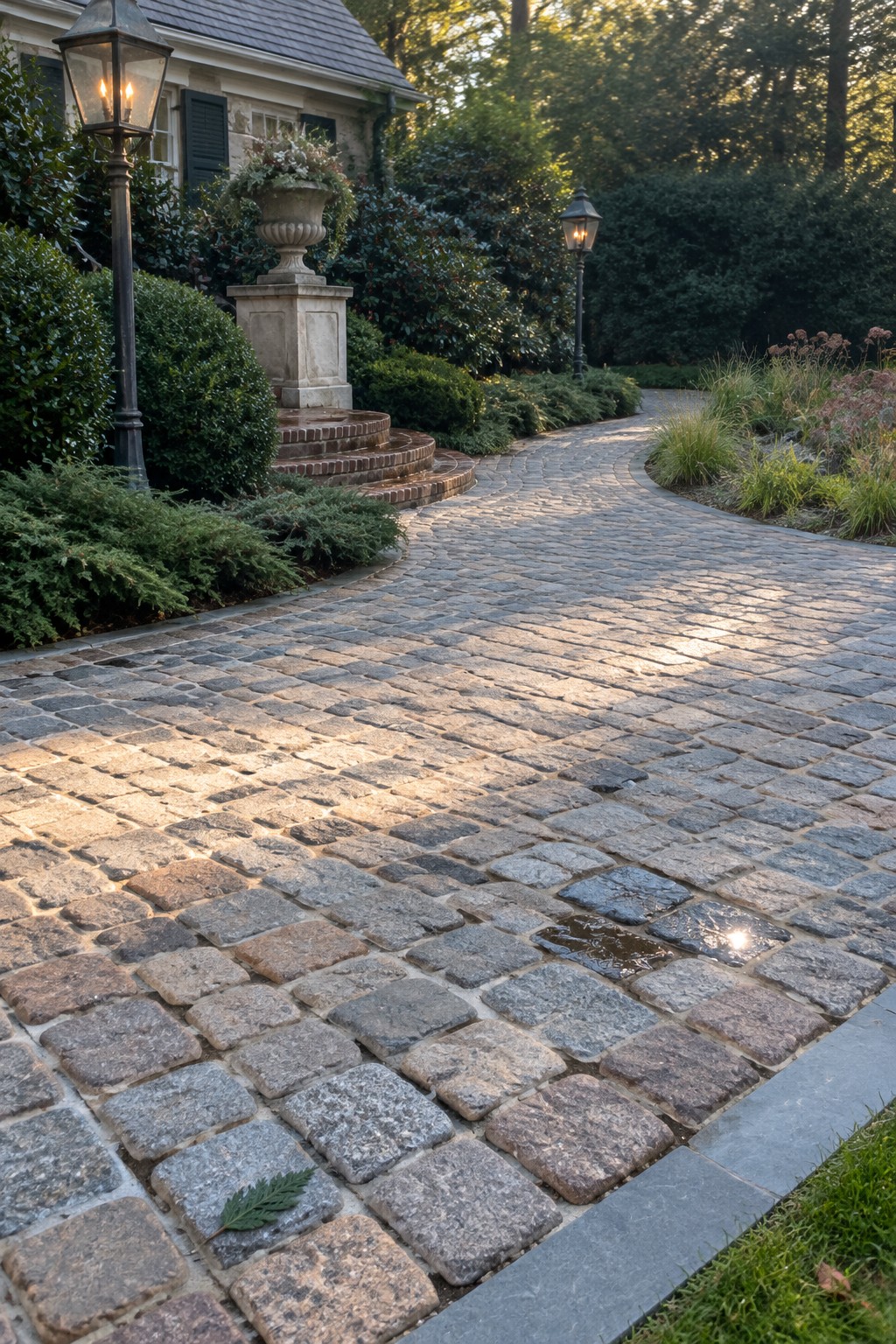 Curved cobblestone path with wet stones reflecting sunlight beside lanterns and urn