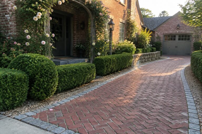19 Curved Small Driveway Ideas Using Defined Borders and Paving A curved red brick driveway bordered by gray stone edging leads past a brick house with a rose-covered entry arch and dark wood garage doors.