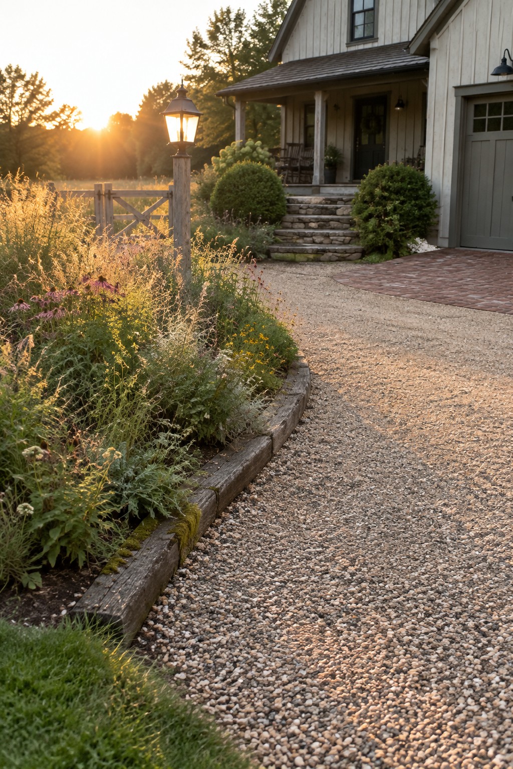 Golden sunset lights a lantern beside wildflowers along a gravel driveway to a house