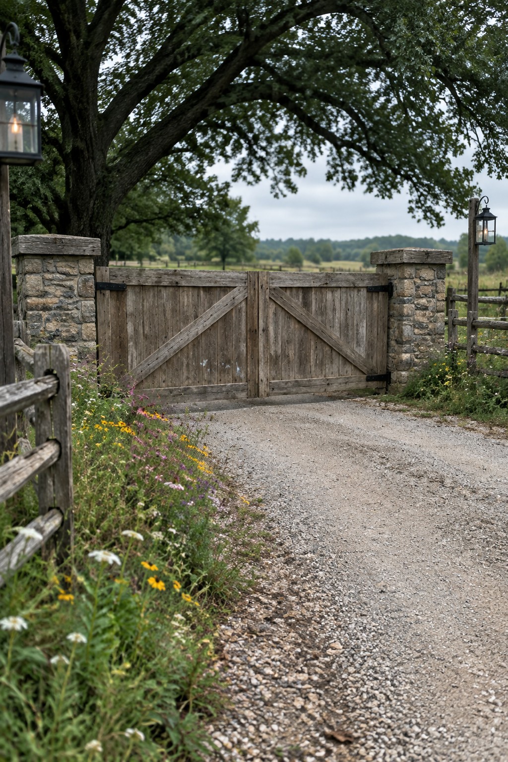 A wide wooden double gate with X-bracing stands open between two stone pillars at the end of a gravel driveway lined with wildflowers.