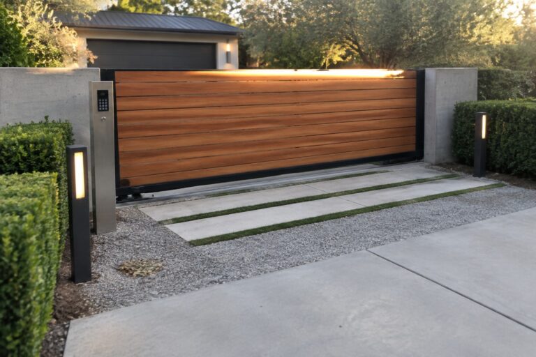 18 Impressive Wide Driveway Gate Ideas for Easy Vehicle Access A wide wooden driveway gate with horizontal slats sits between concrete pillars, opening onto a concrete paver driveway with grass strips.
