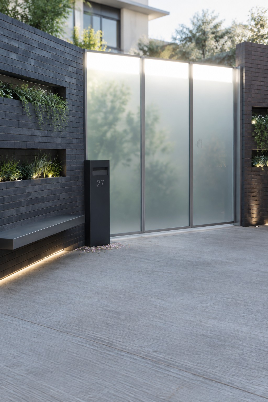 A wide frosted glass driveway gate framed in metal between dark brick walls with recessed planters, a black mailbox post marked 27, and concrete paving in front.
