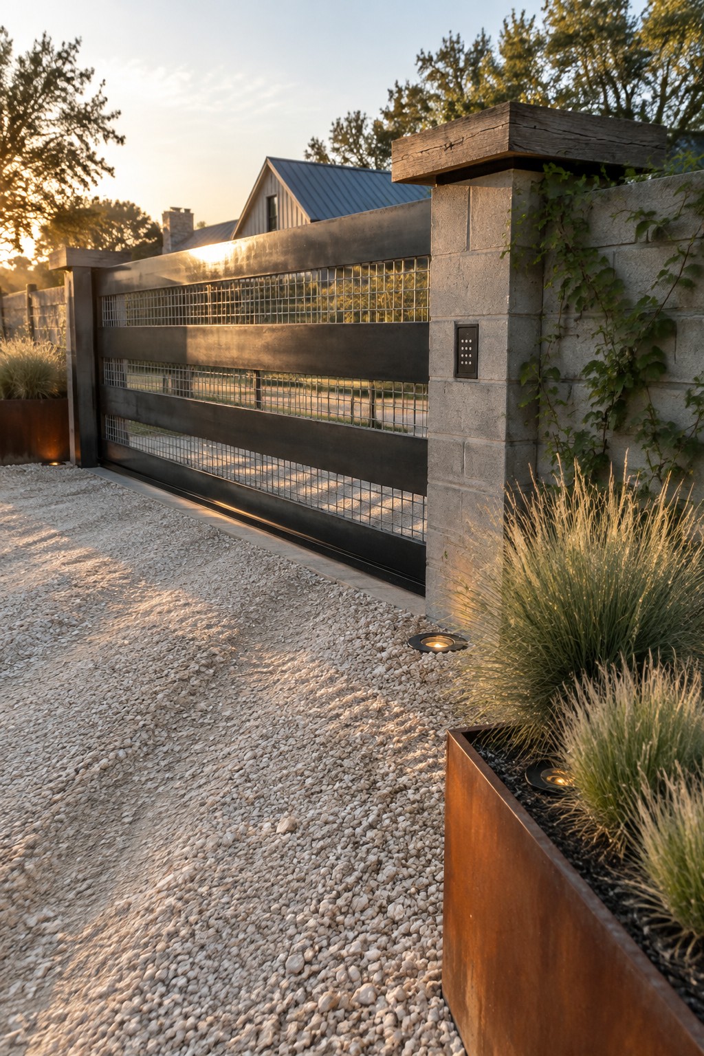 A wide modern driveway gate featuring dark horizontal metal panels with wire mesh sections, flanked by stone pillars and set along a gravel driveway with landscaping.